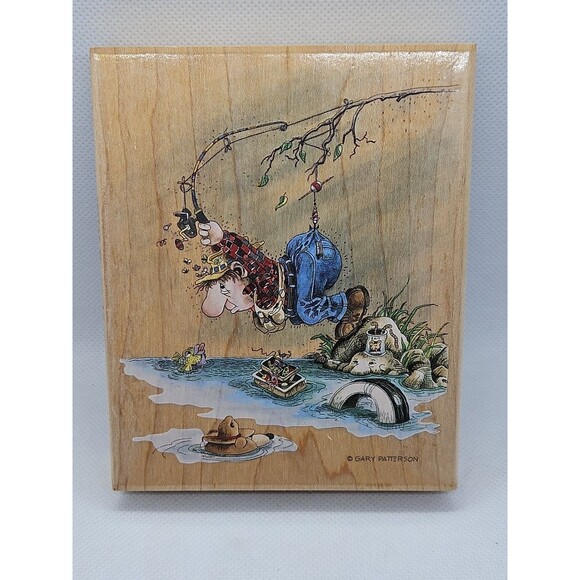 Vtg 2000 STAMPS HAPPEN GARY PATTERSON THE ART OF CASTING FISH WOOD RUBBER STAMP - Picture 1 of 16